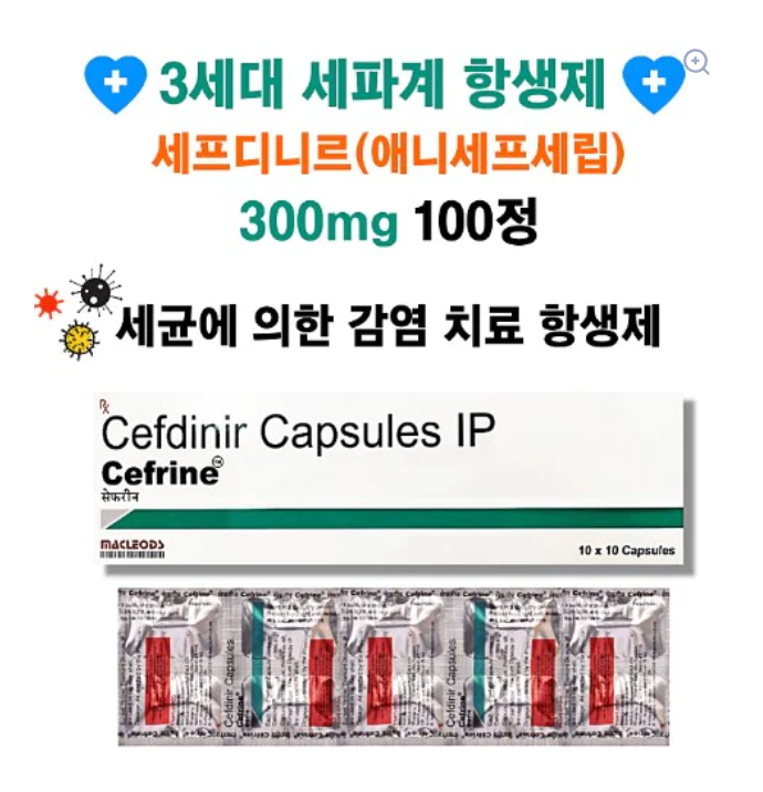 3세대 세파계 항생제 세균에 의한 감염 치료 세프디니르 300mg 100정 Cerfrine 300mg